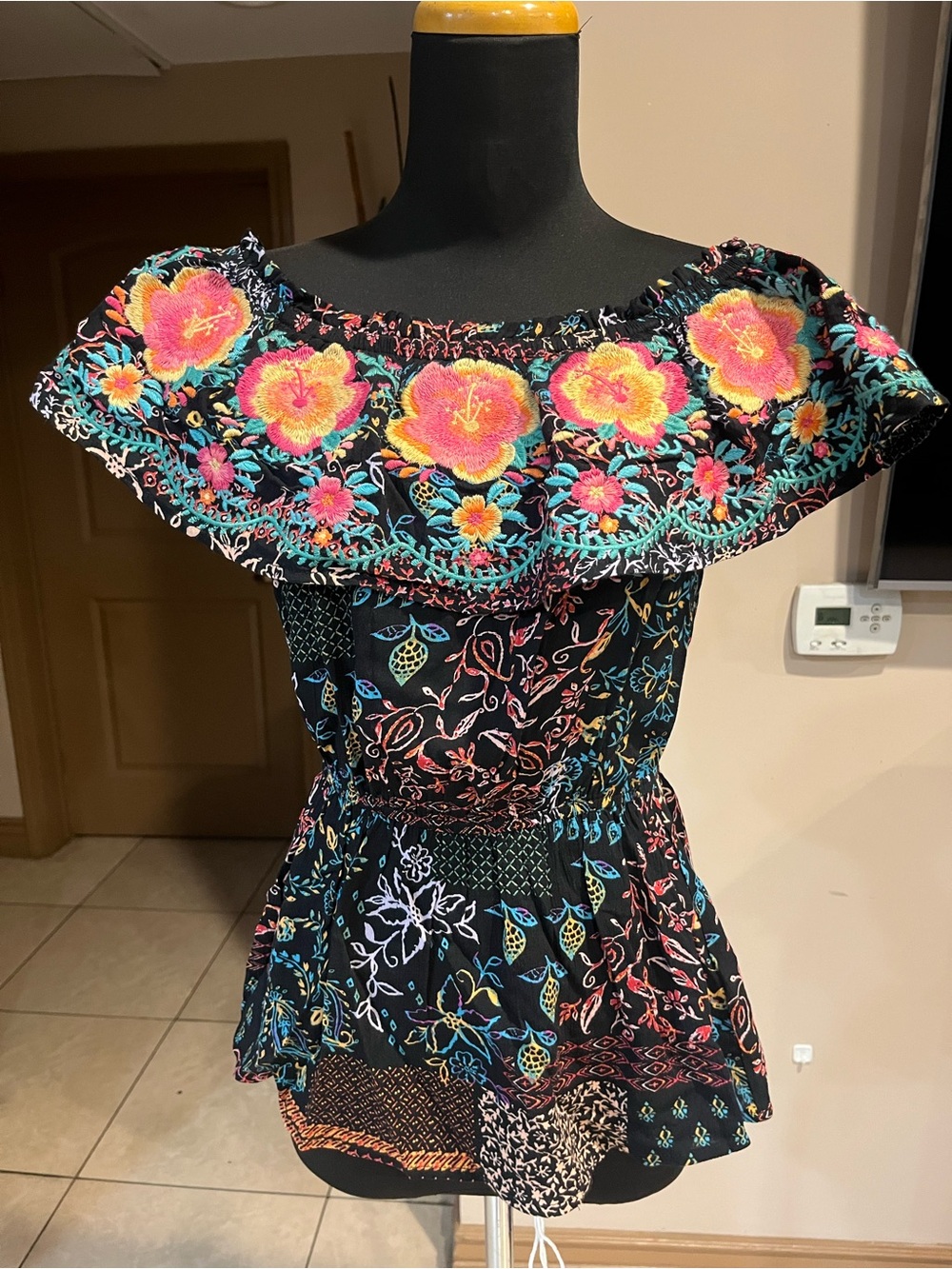 Savanna Jane Black Off-Shoulder Floral Embroidered Peplum Top
